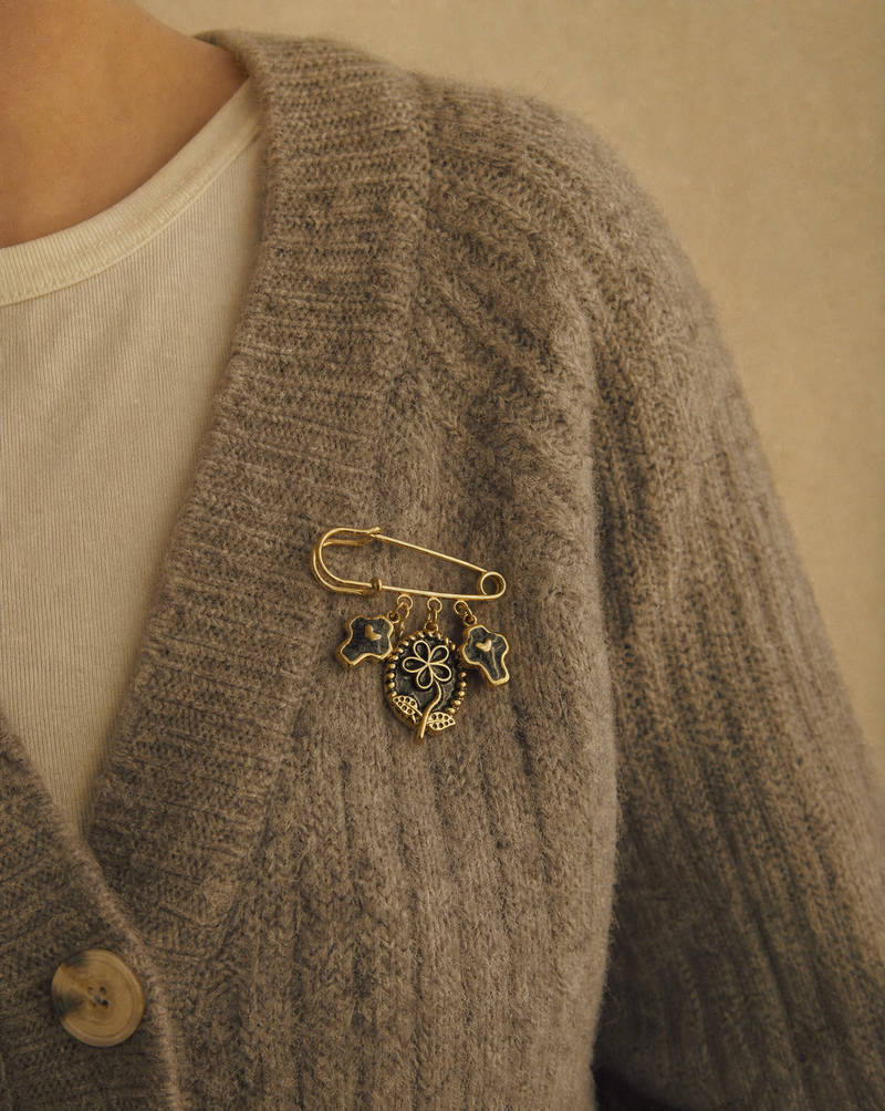 Safety Pin Brooch with Flower & Cross Charms