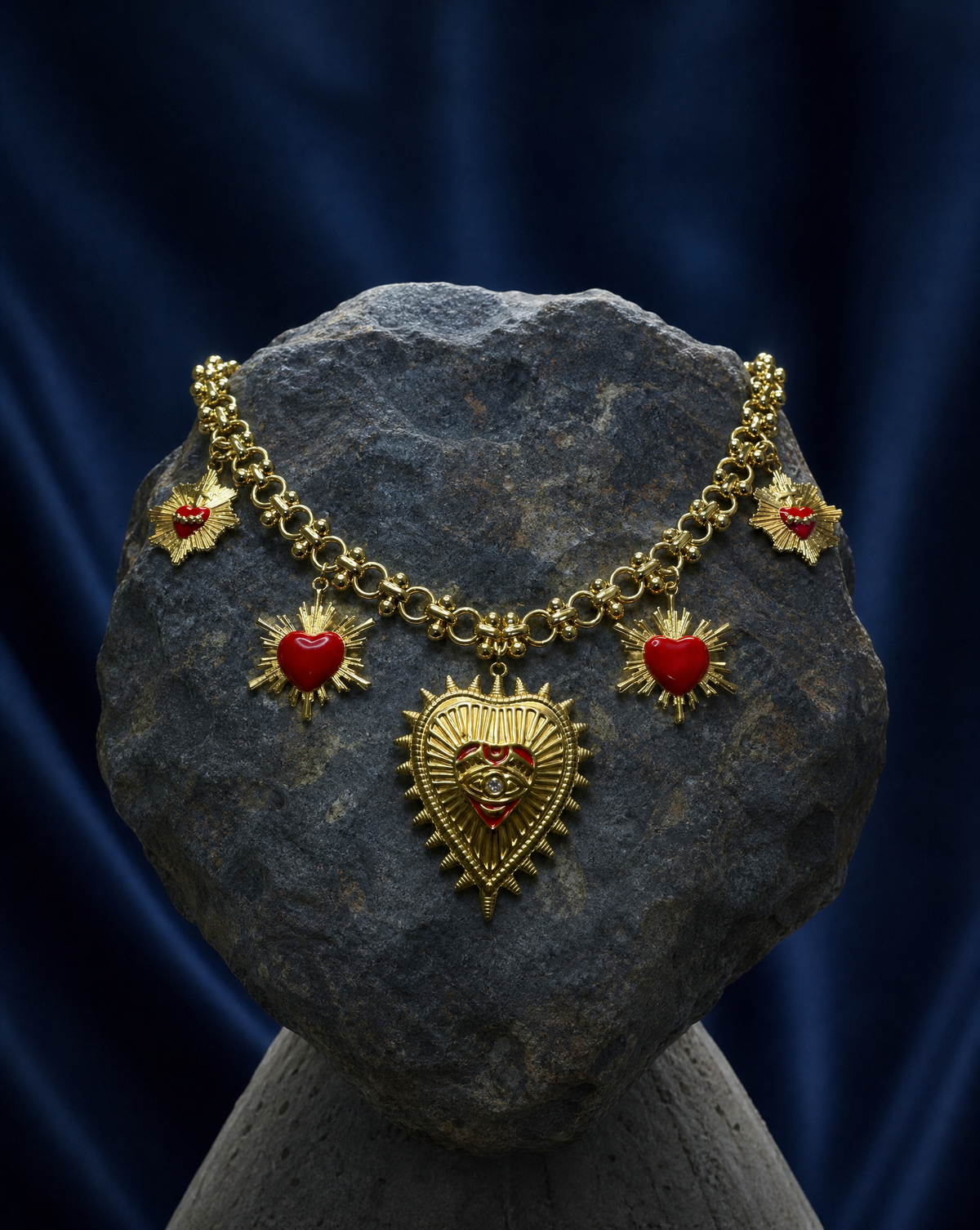 Sacred Heart Necklace in Gold with Red Enamel