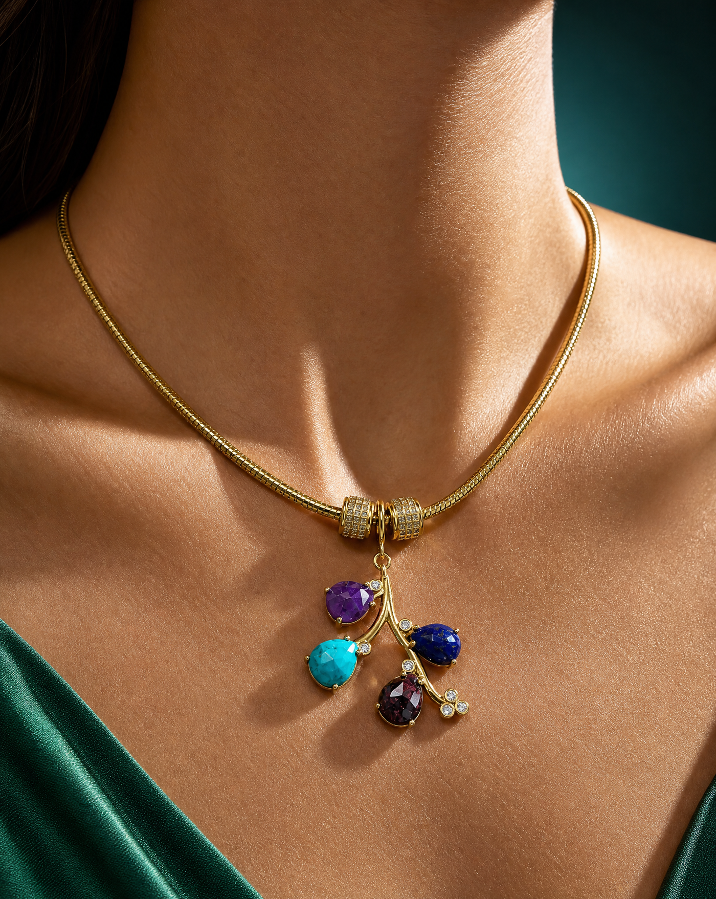 Gold Branch & Gemstone Necklace | Amethyst, Turquoise, and Lapis Lazuli Luxury
