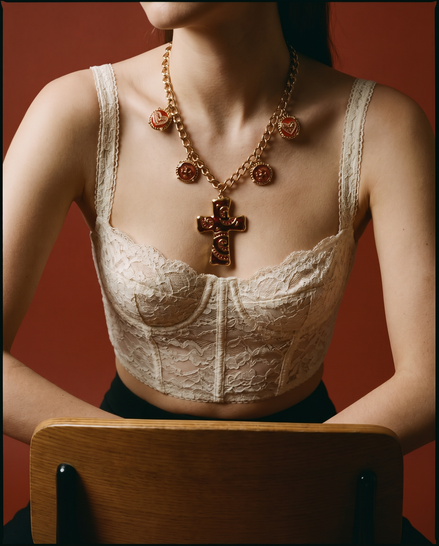 Gold Red Cross Chain Necklace