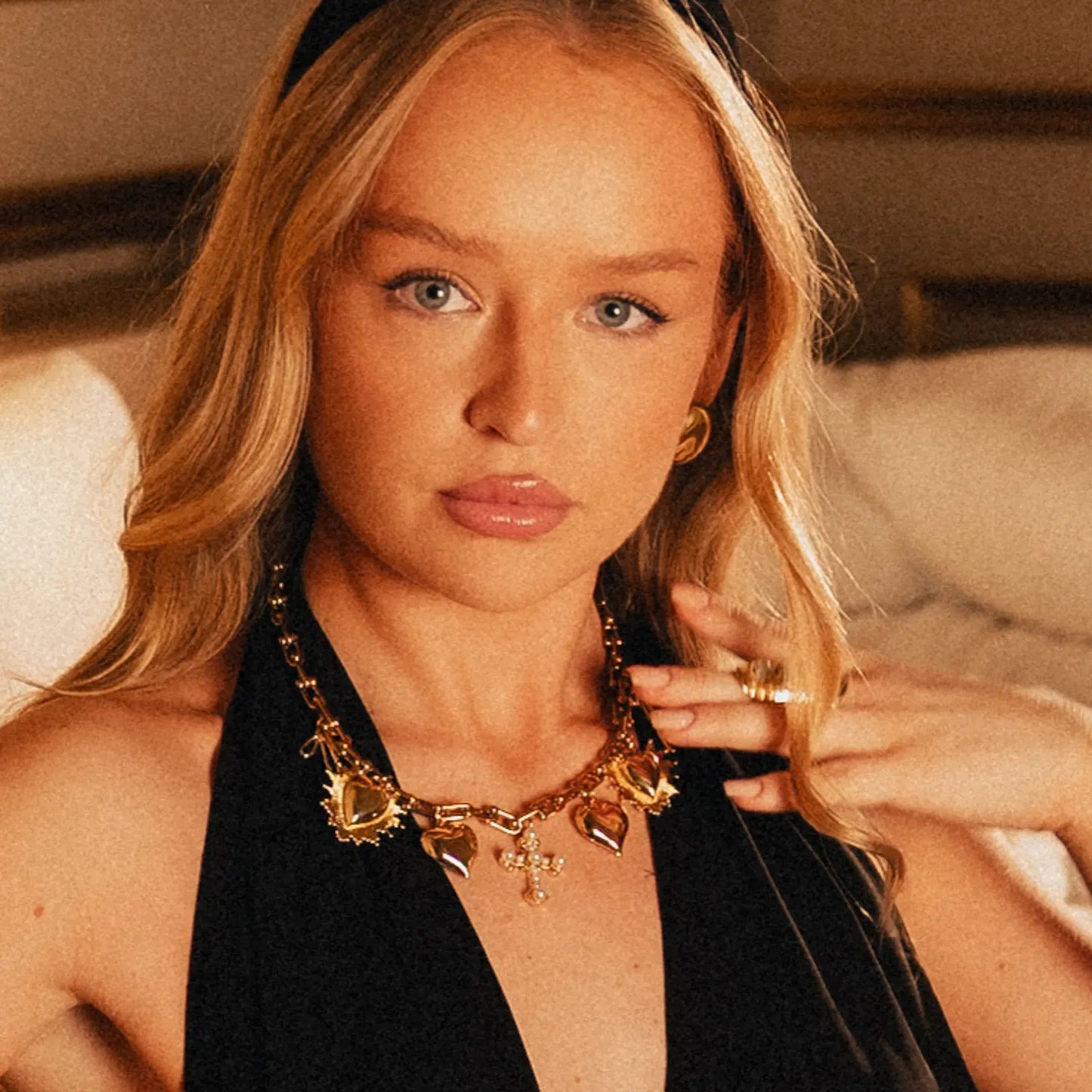 Gold Heart Necklace - Ex-vote Hearts and Cross Necklace with Pearls Phoebe`s