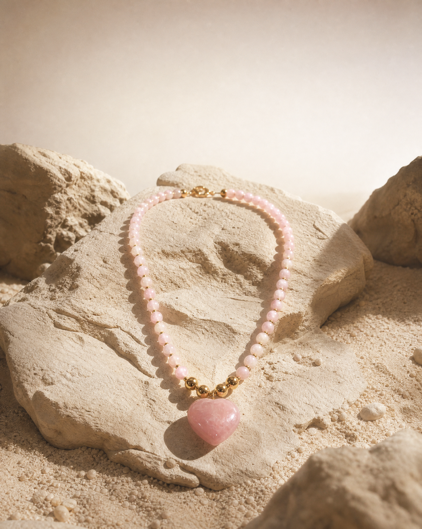 Rose Quartz Beaded Necklace | Handmade Boho Heart Necklace