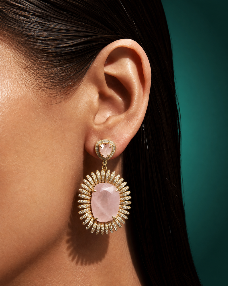 Gold Rose Quartz Statement Earrings | Handmade Natural Stone