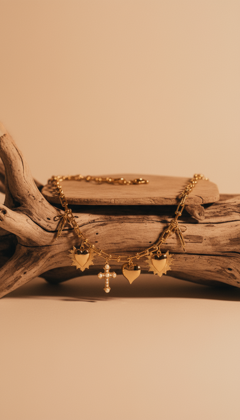 Ex-voto necklace of hearts and crosses with pearls