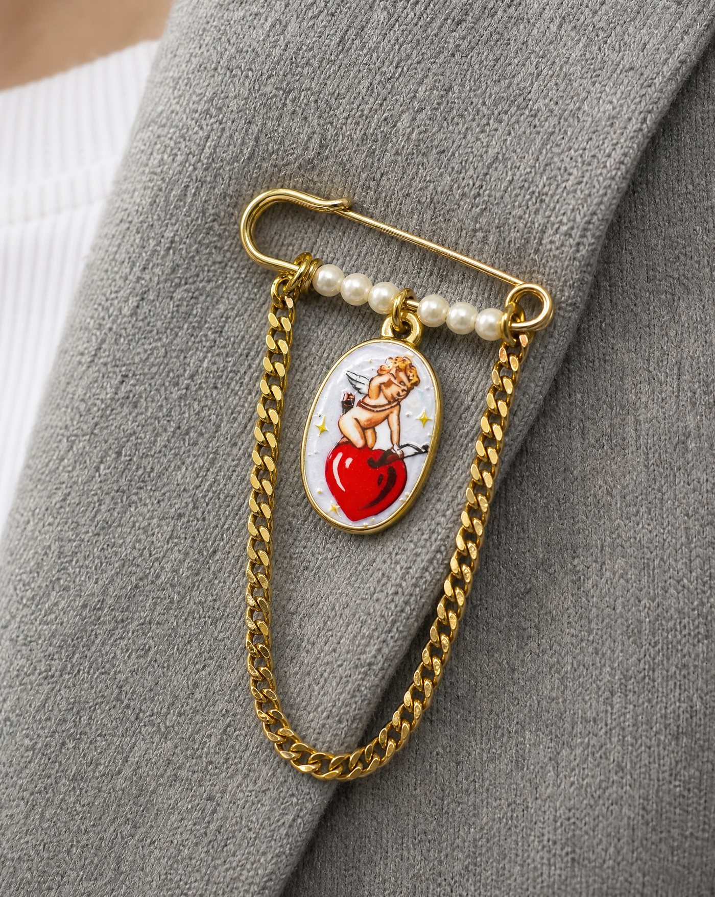Cupid Heart Pearl Chain Pin Brooch