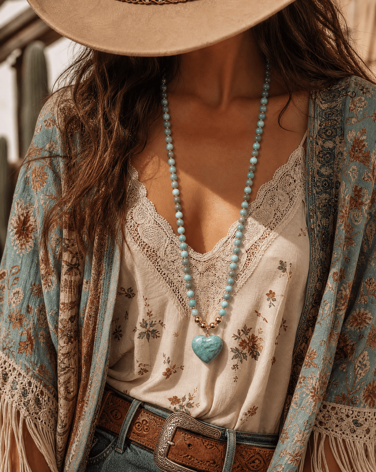 Amazonite beaded heart necklace, handmade boho – Phoebe's