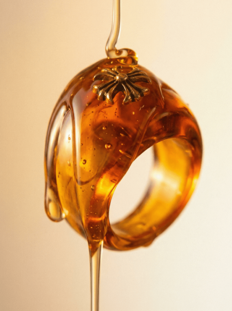 Amber resin ring side view – Phoebe's