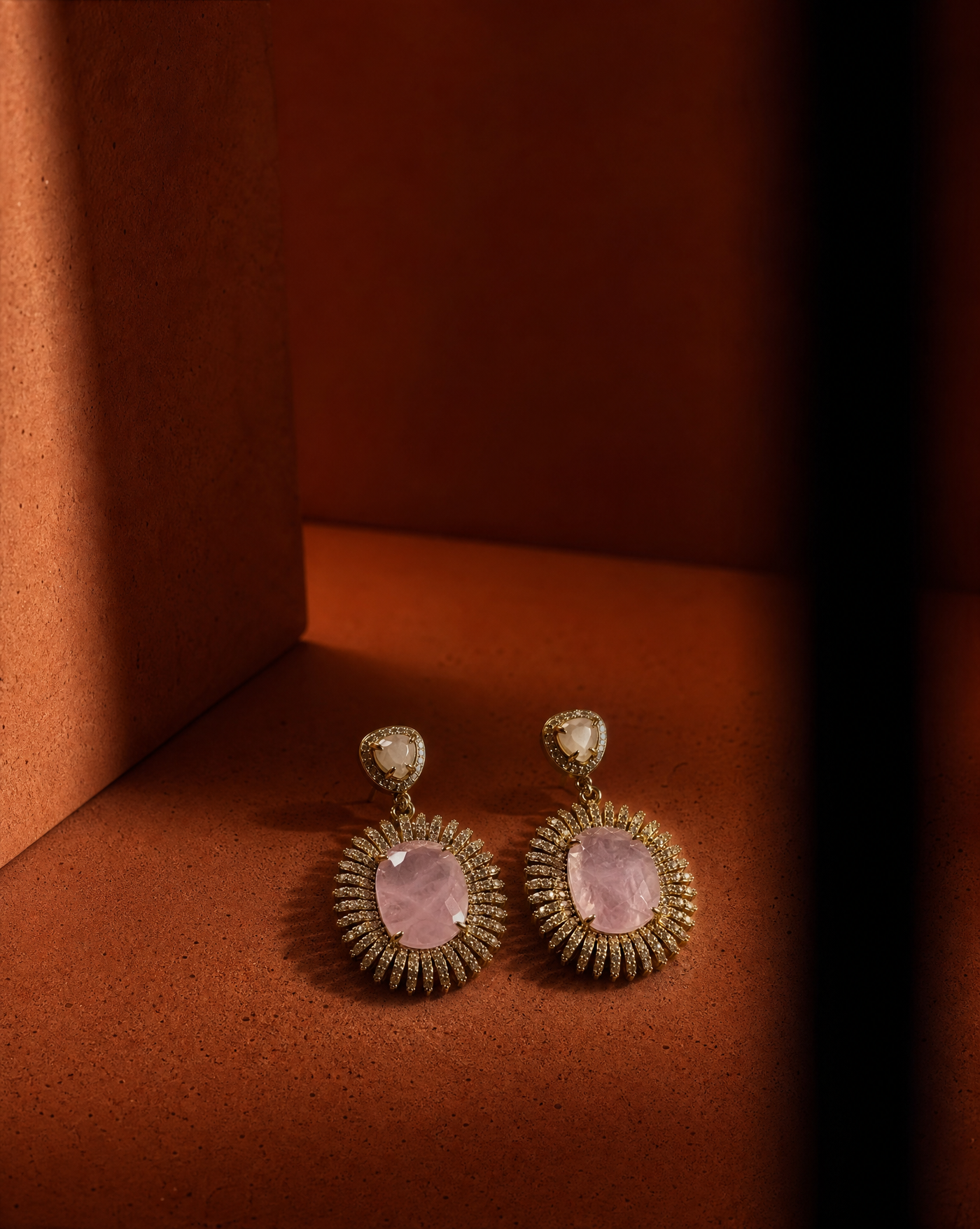 Gold Rose Quartz Statement Earrings | Handmade Natural Stone