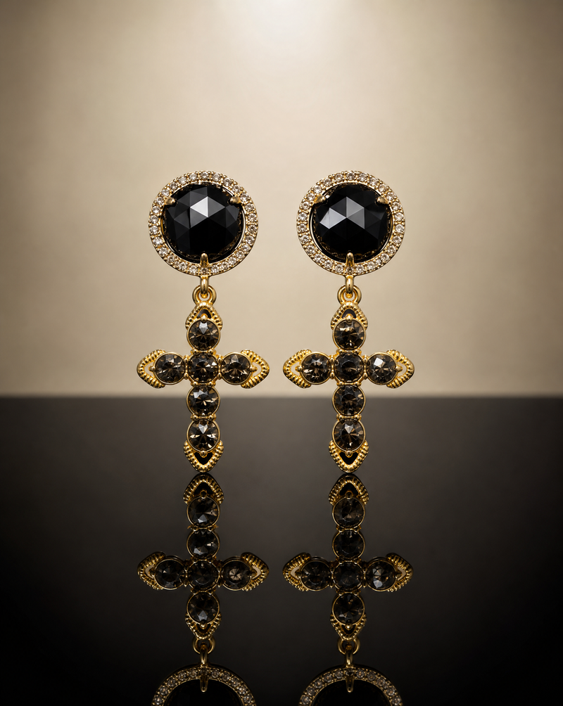 Croix Noir Earrings — Black Agate and Smoky Zirconia