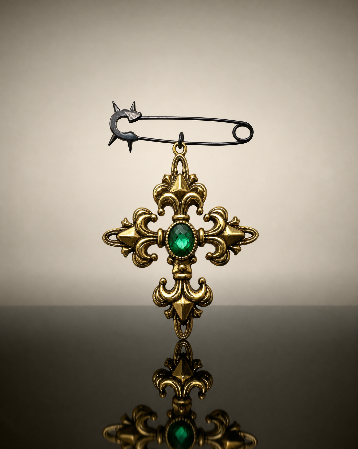 Ornate Cross Pin Brooch | Green Crystal Statement Jewelry