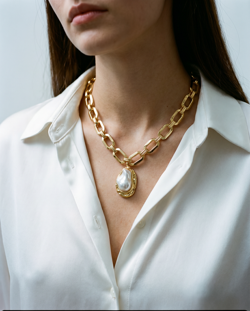 The Baroque Pearl Set — Chunky Chain Necklace & Open Cuff
