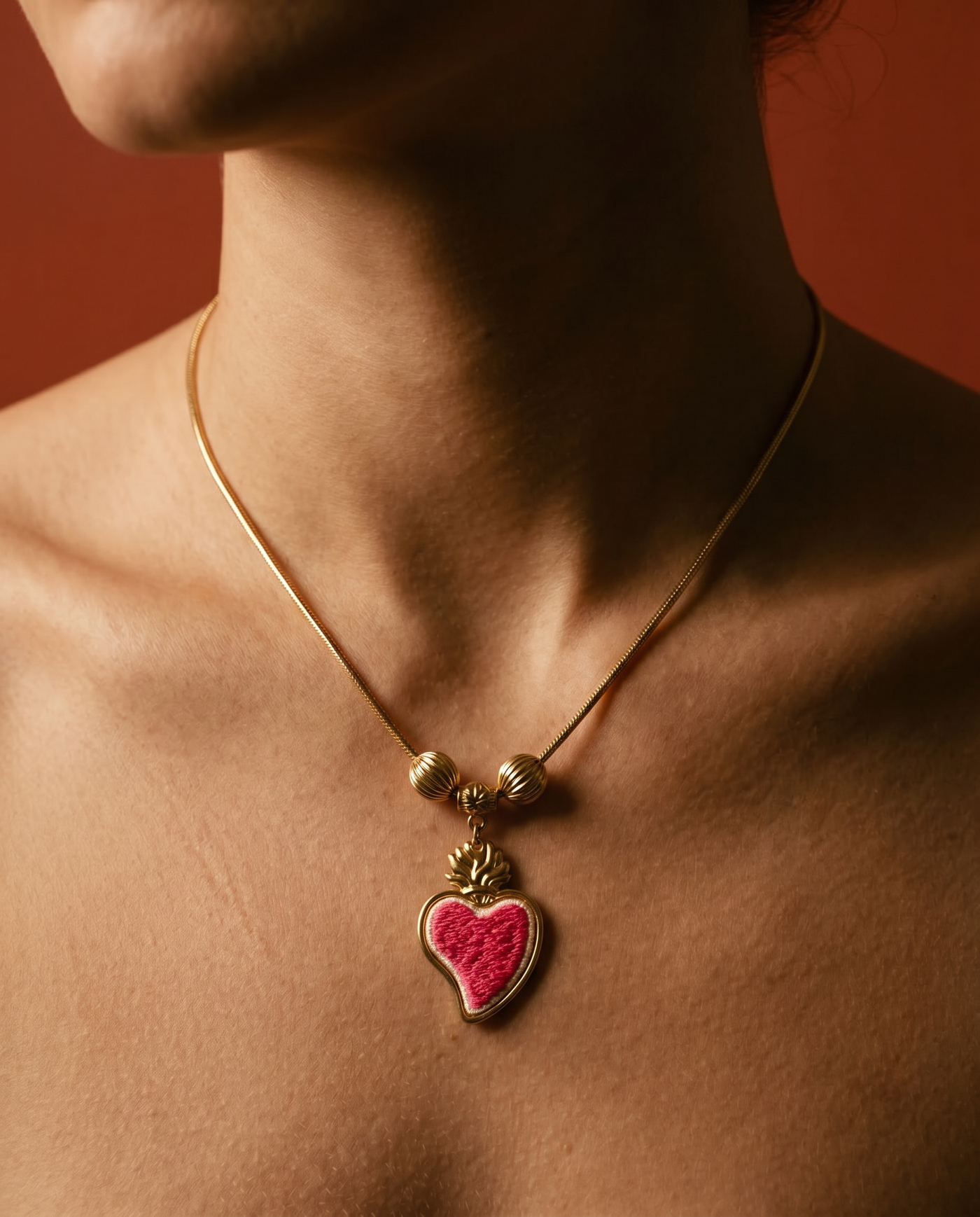 Embroidered Sacred Heart Necklace | Handmade Gold Flame Heart