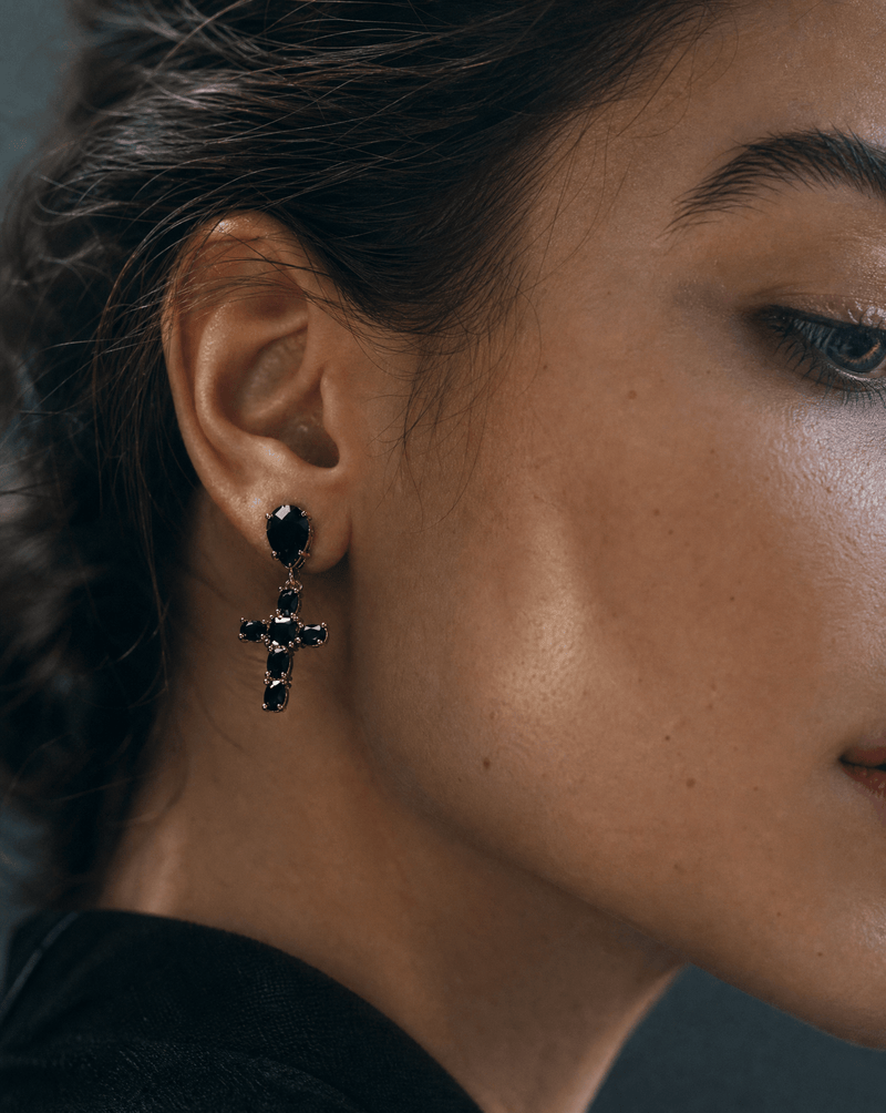 Black gemstone cross drop earrings, 18K gold plated – Phoebe's