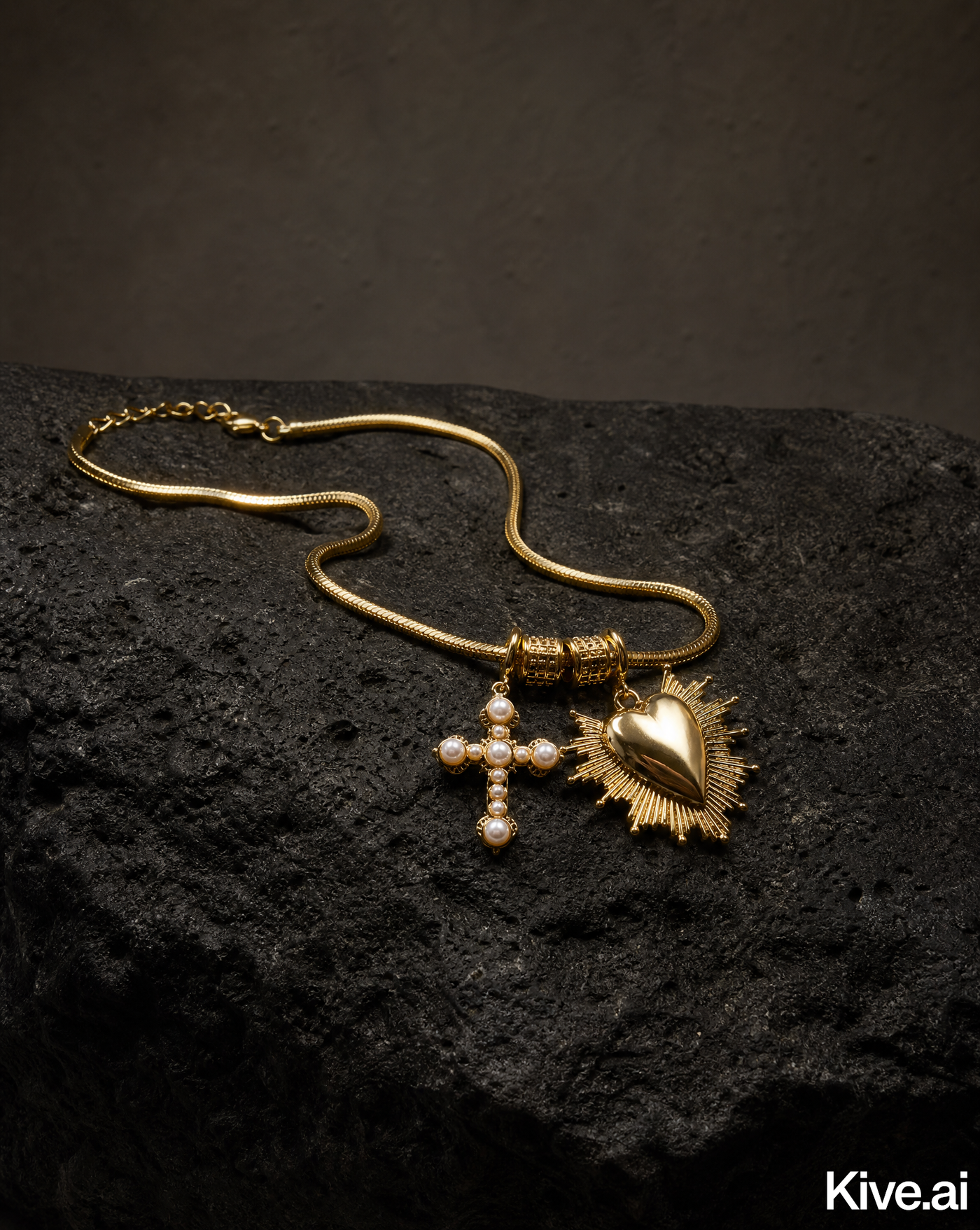 Sacred Heart & Pearl Cross Charm Necklace