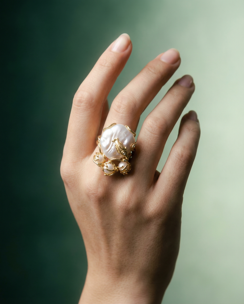 Baroque Pearl and Coral Ring