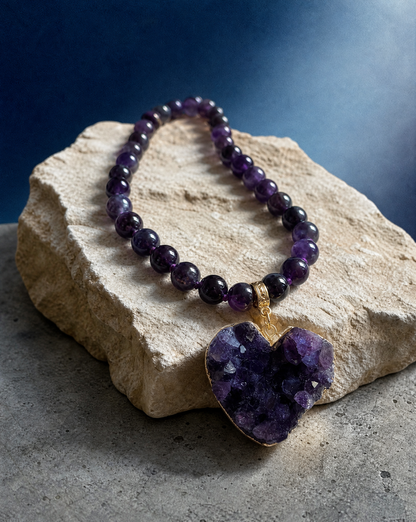 Amethyst Beaded Necklace | Raw Amethyst Druzy Heart Pendant