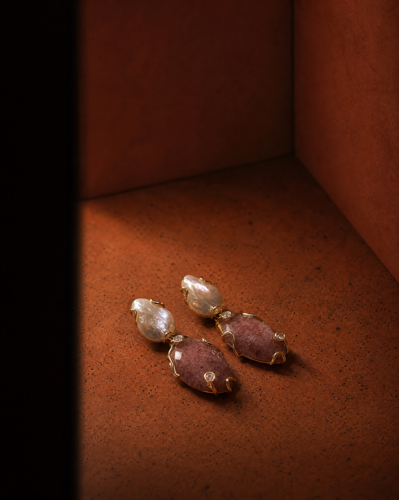 Strawberry Quartz & Baroque Pearl Drop Earrings | Organic Statement Earrings