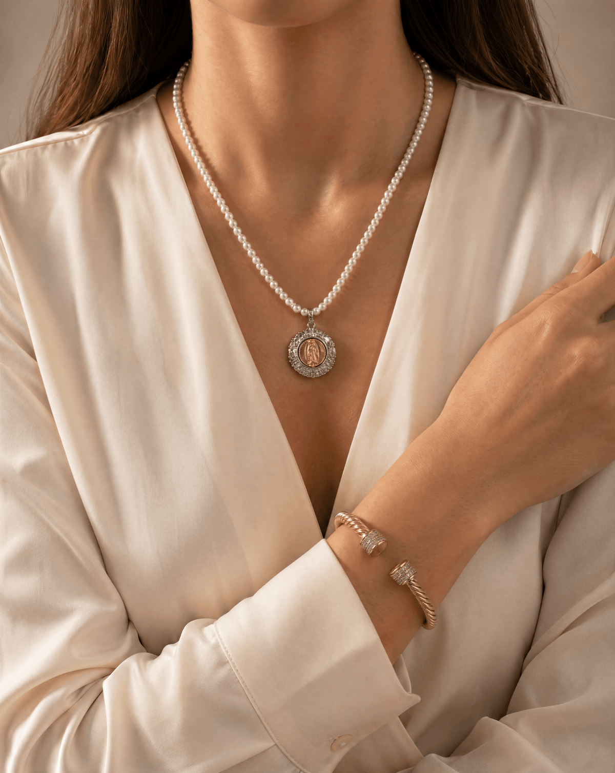 Catholic Pearl Necklace & CZ Rope Cuff Set, Virgin Mary Bridal Set – Phoebe's