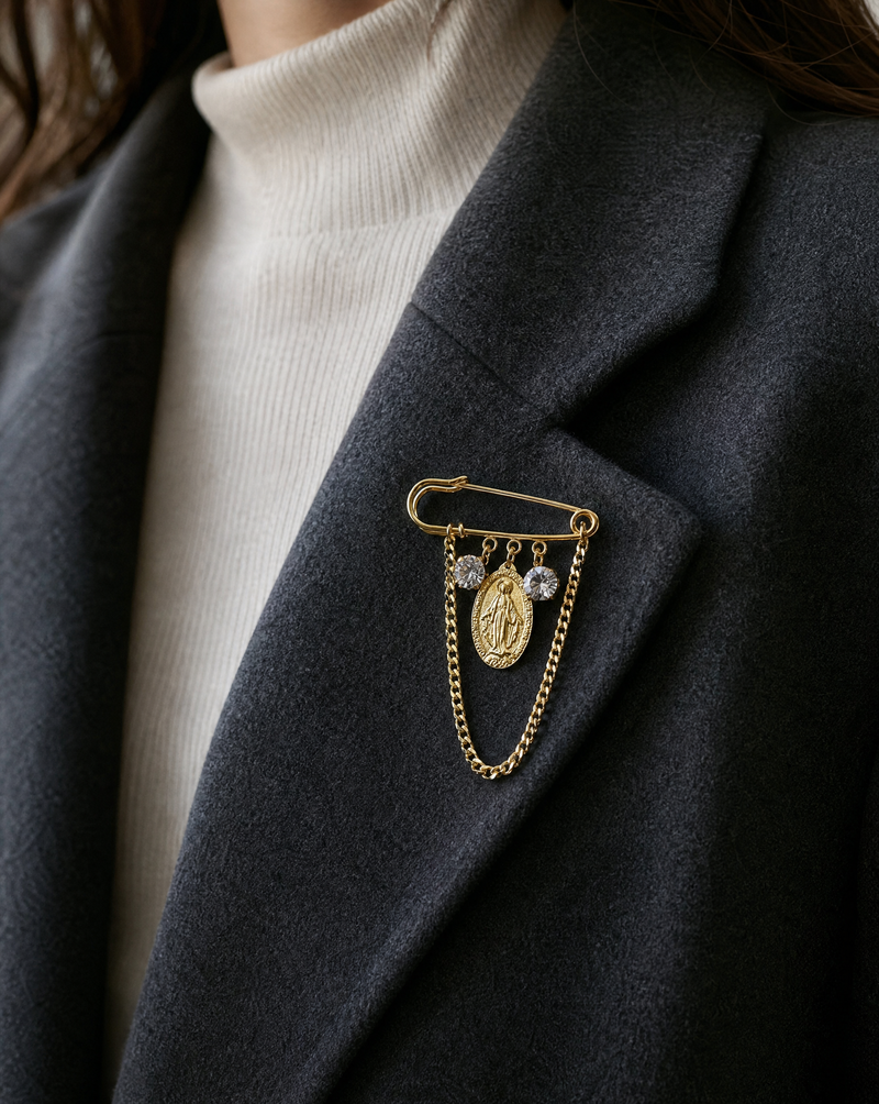 Catholic Jewelry | Miraculous Mary Medal & Crystal Pin Brooch