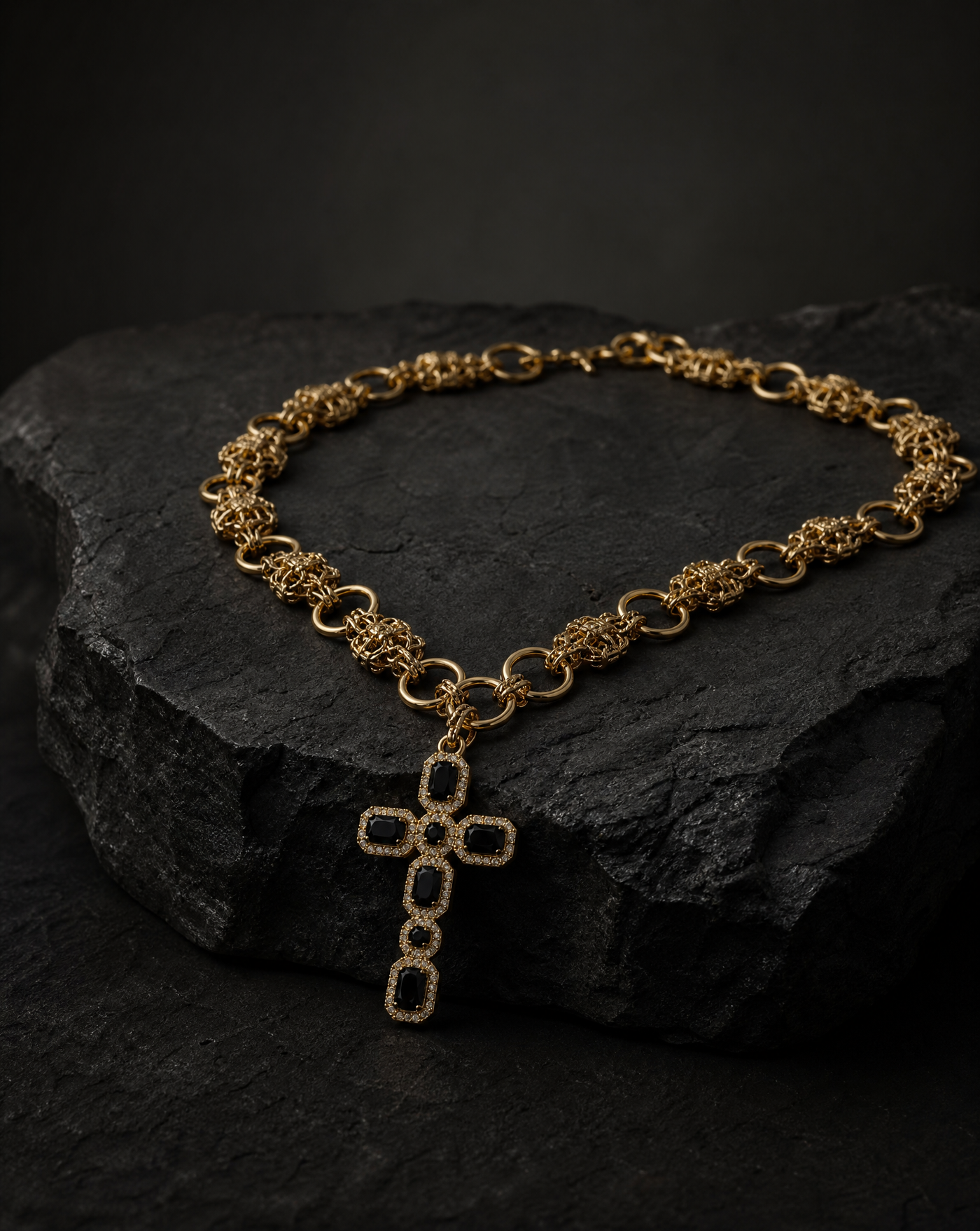 Black CZ Cross Pendant Necklace · Byzantine Knot Chain · Catholic Statement