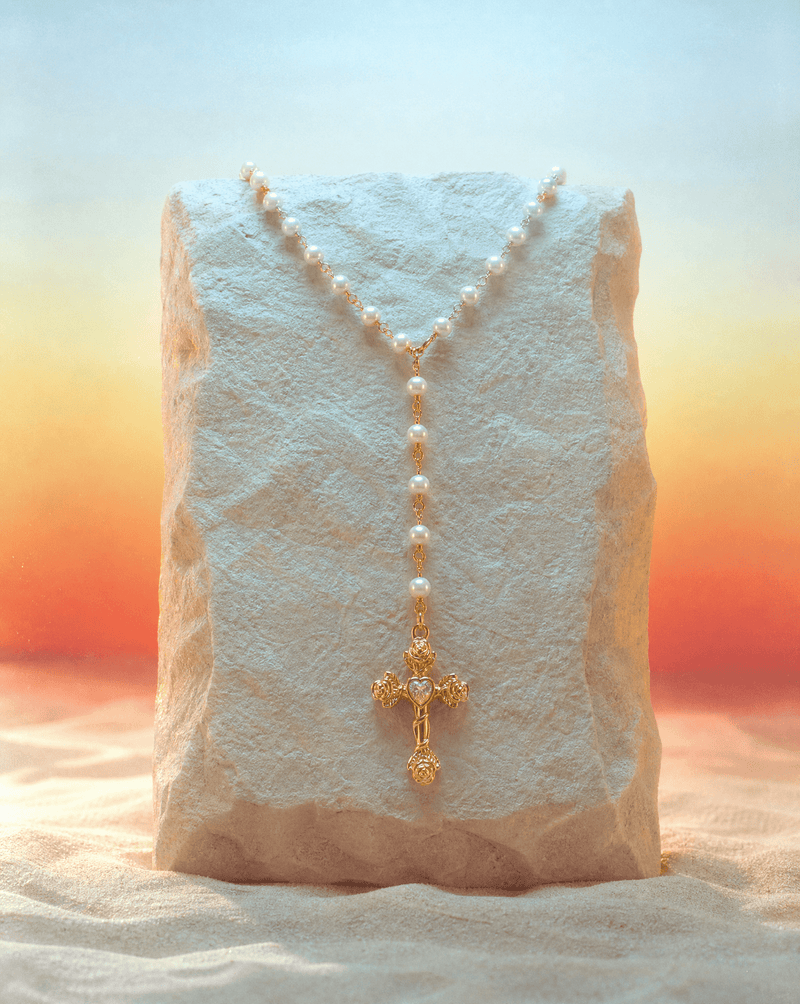Croix Sacrée pearl cross lariat necklace – Phoebe's