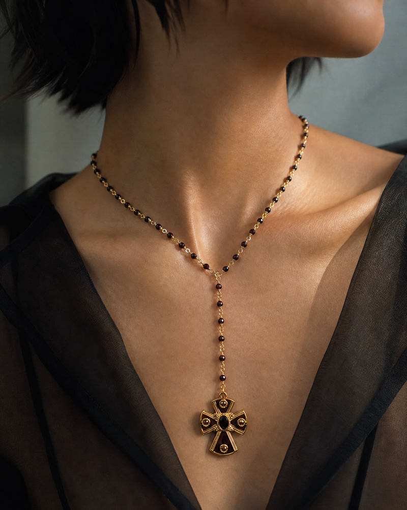 Burgundy Crystal Cross Rosary Chain Necklace