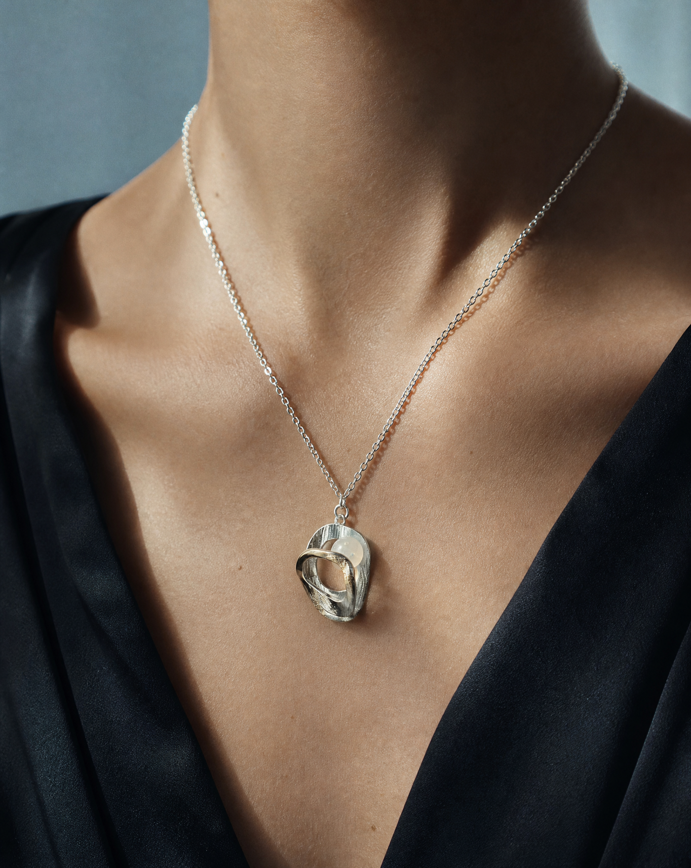 Moonstone Sculptural Pendant Necklace & Open Ring Set | Gemstone Jewelry