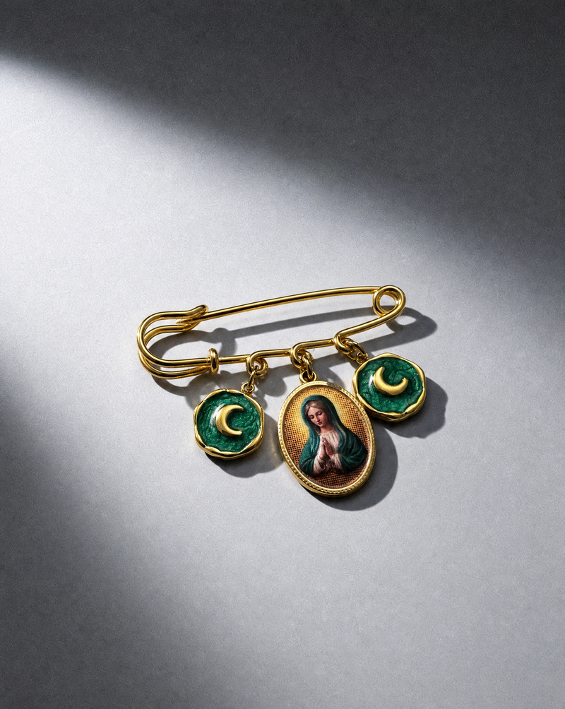 Virgin Mary & Crescent Moon Triple Charm Safety Pin Brooch