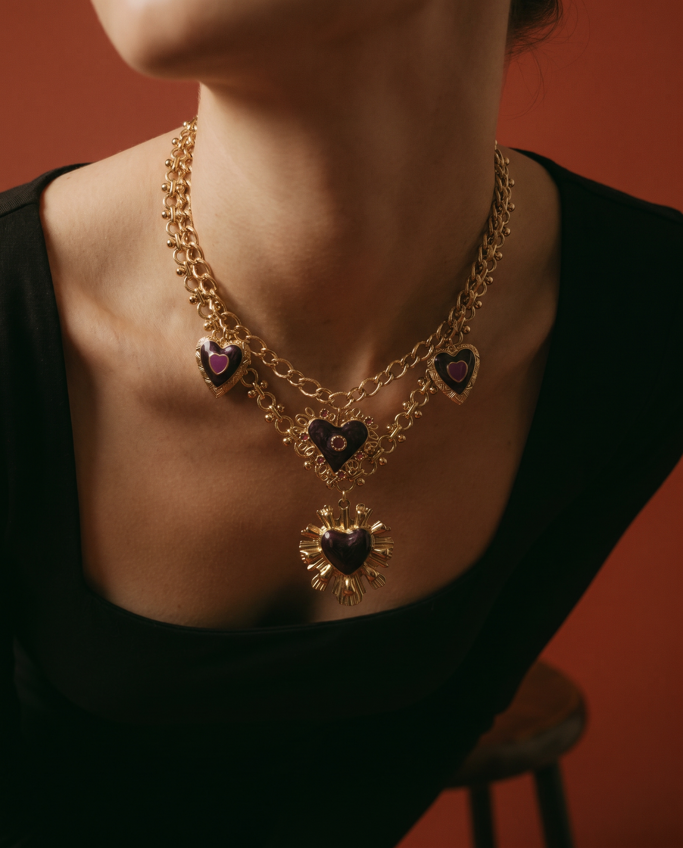 Gold Sunburst Heart Necklace | Vintage Enamel Statement Jewelry