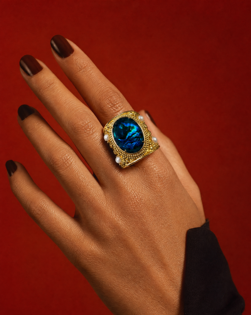 Blue Abalone Shell Chunky Statement Ring