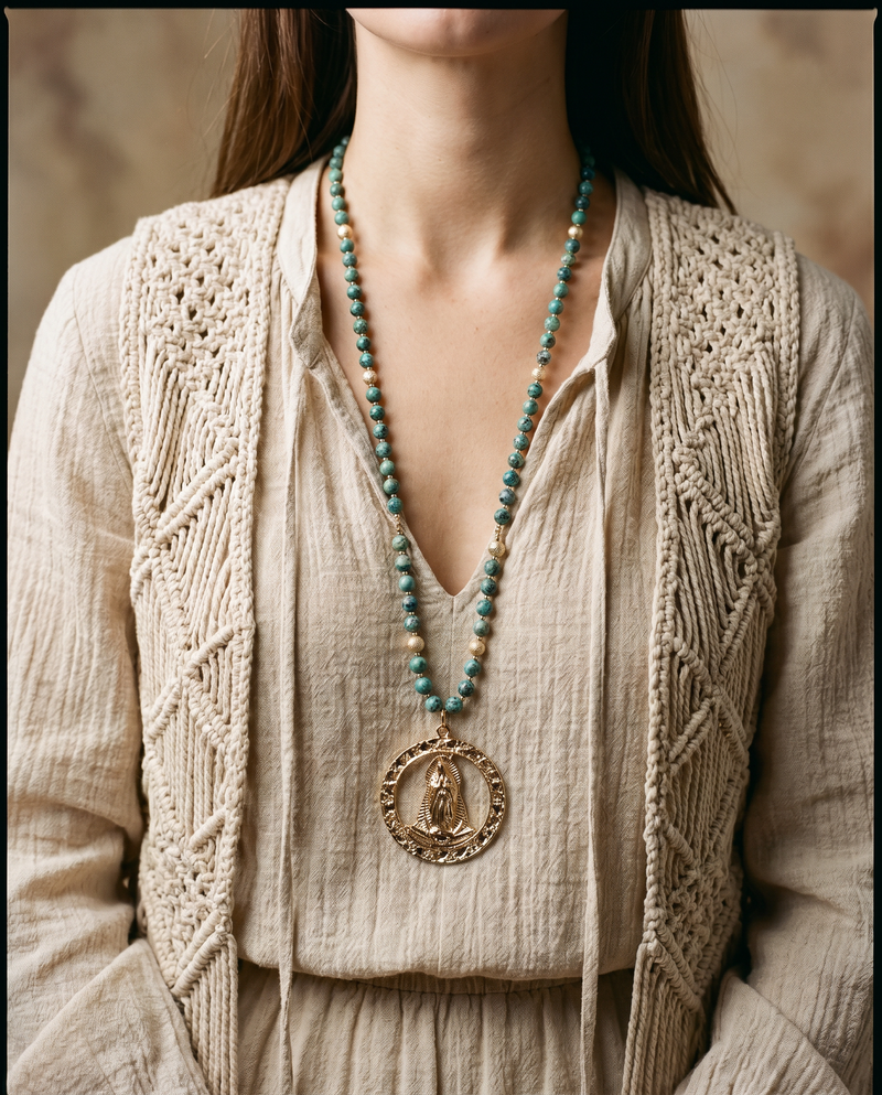 Our Lady Star of the Sea Long Necklace · Green Jasper Beads ·
