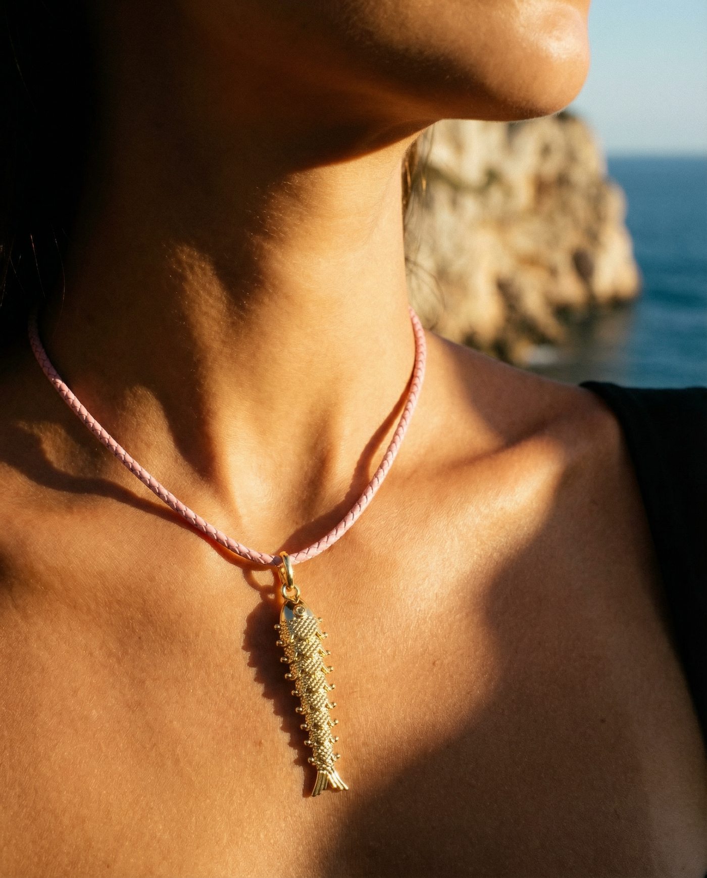 Gold Fish Bone Pendant Necklace