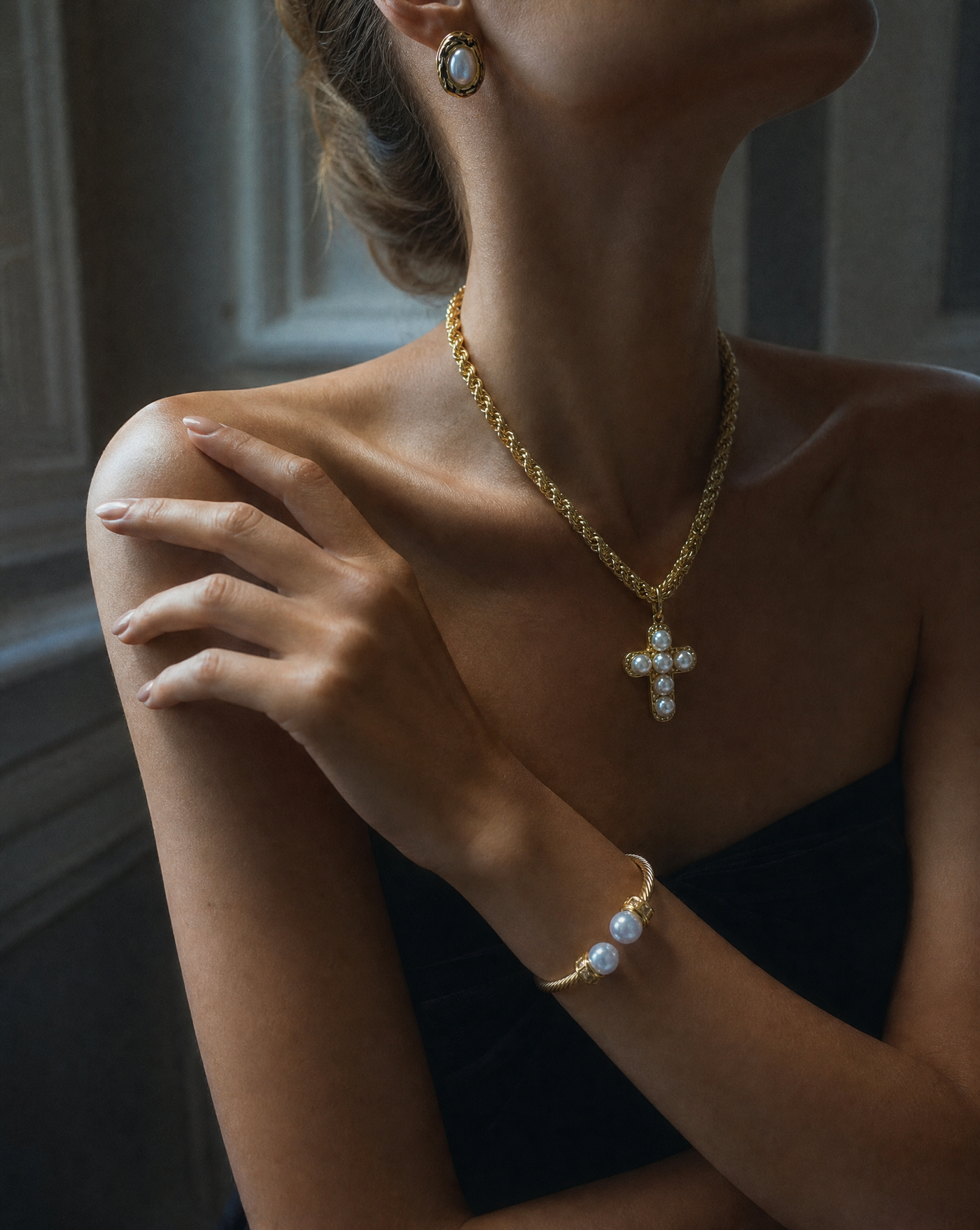 Pearl Cross Necklace, Bracelet & Earring Set
