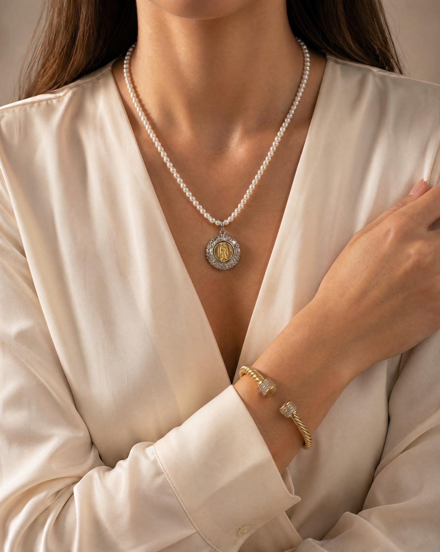 Catholic Pearl Necklace & CZ Rope Cuff Set · 925 Sterling Silver · Bridal · Catholic