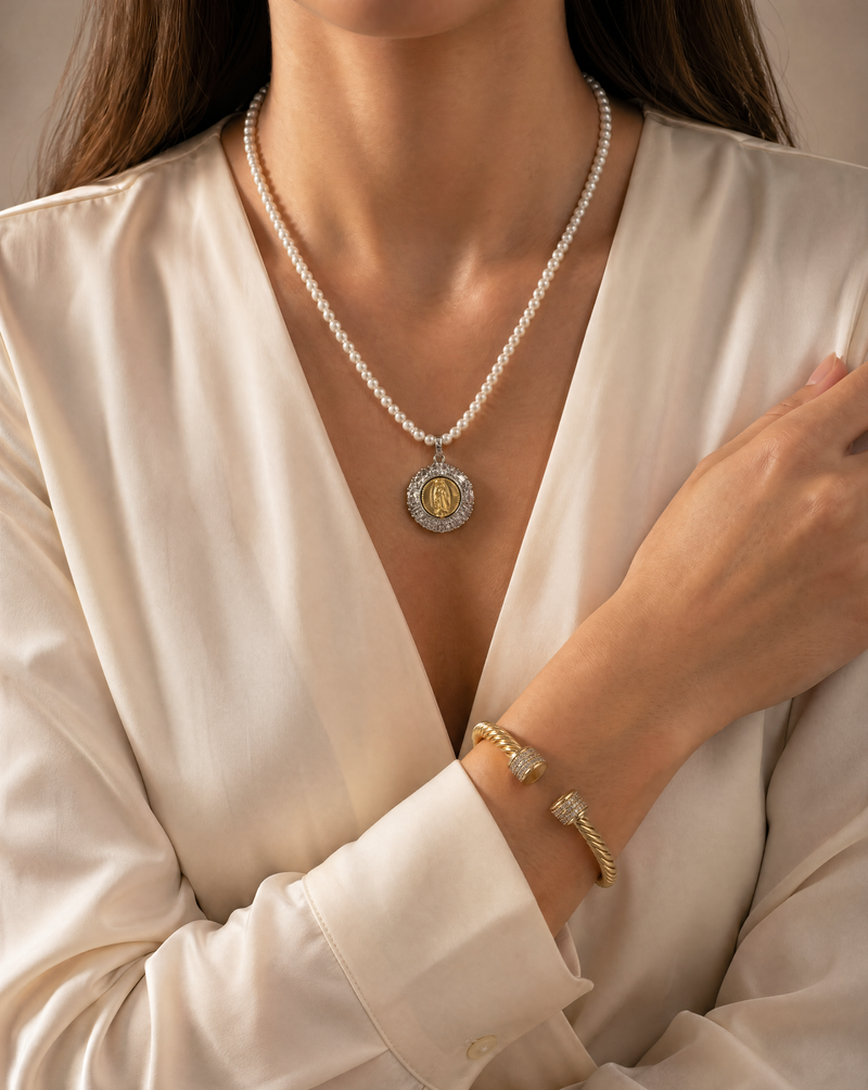 Catholic Pearl Necklace & CZ Rope Cuff Set · 925 Sterling Silver · Bridal · Catholic