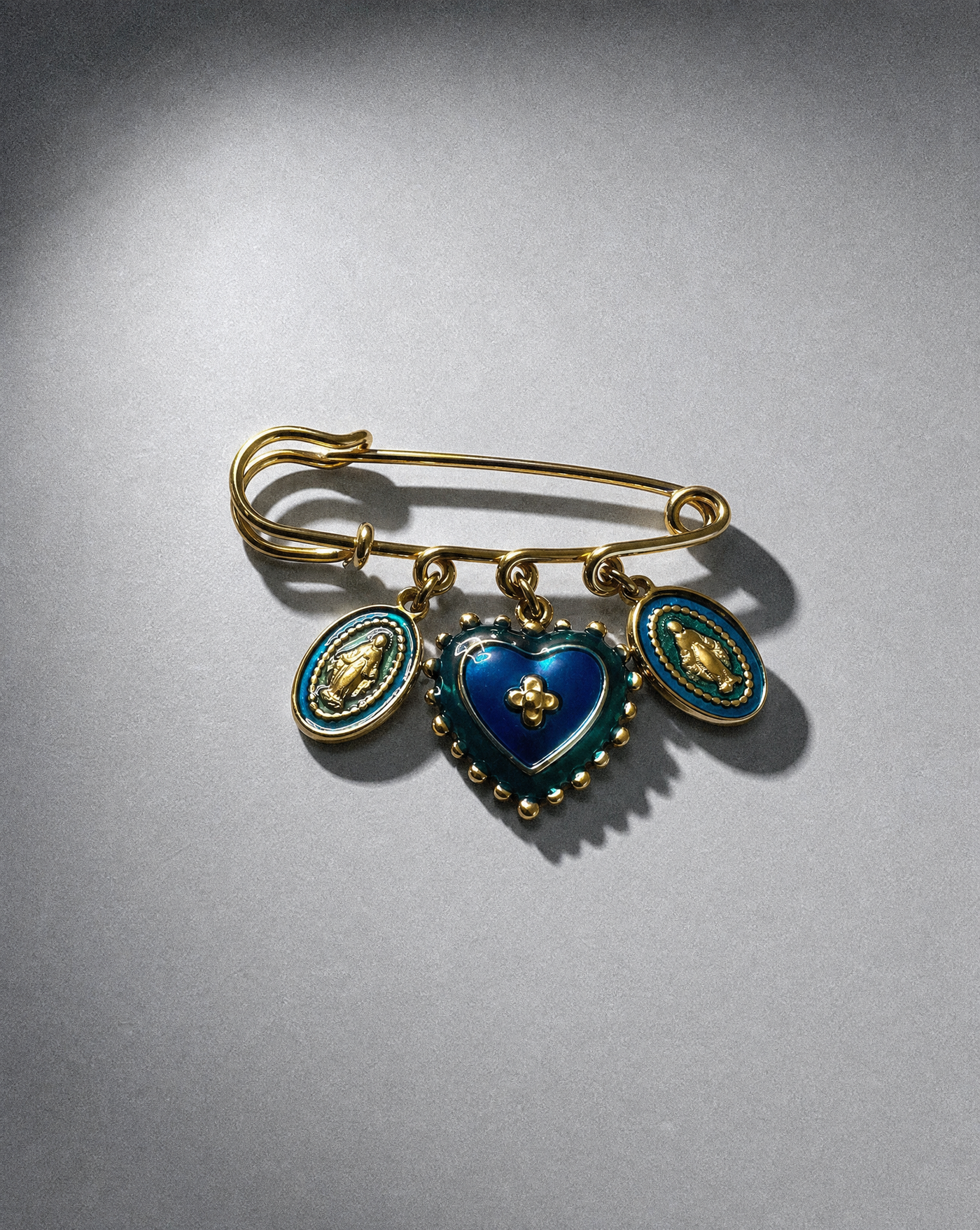 Sacred Heart Triple Charm Safety Pin Brooch | Gift Jewelry