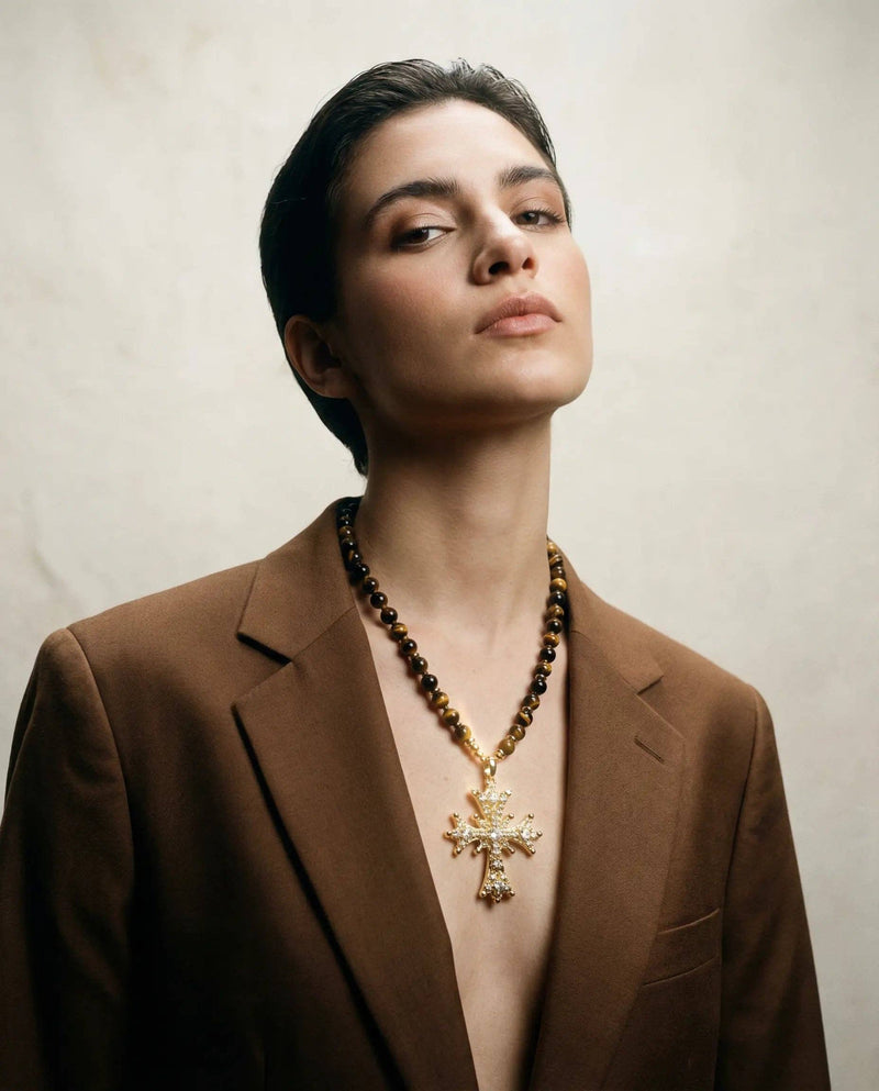 Tiger's Eye Bead Necklace with Maximalist Cross