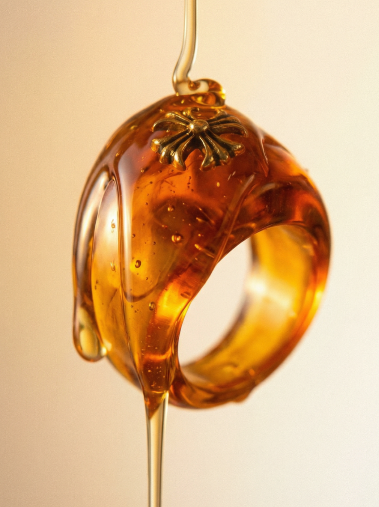Amber Resin Ring with Metal Detail