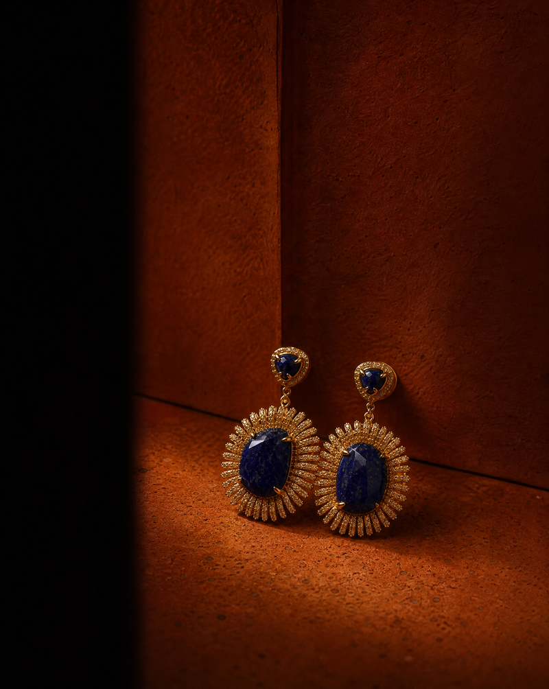 Lapis Lazuli Statement Earrings Gold | Natural Stone Handmade