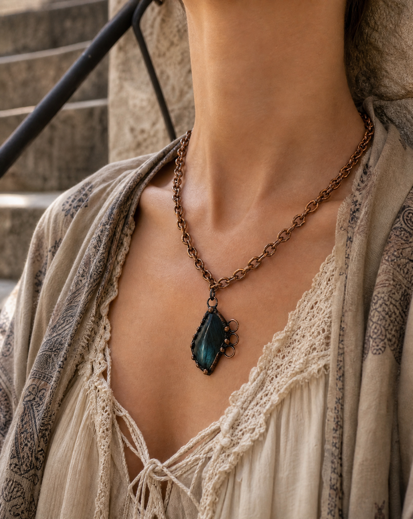 Raw Labradorite Slab Pendant Necklace | Artisan Boho Necklace