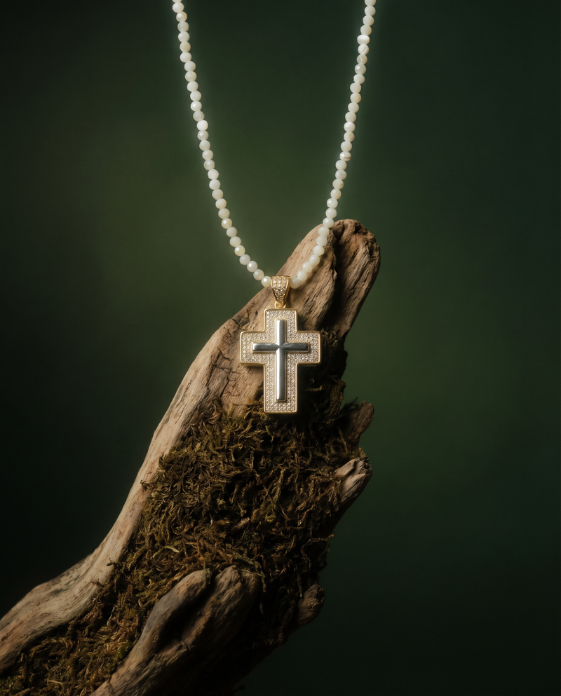 Pavé Cross & Shell Bead Necklace · Catholic Jewelry