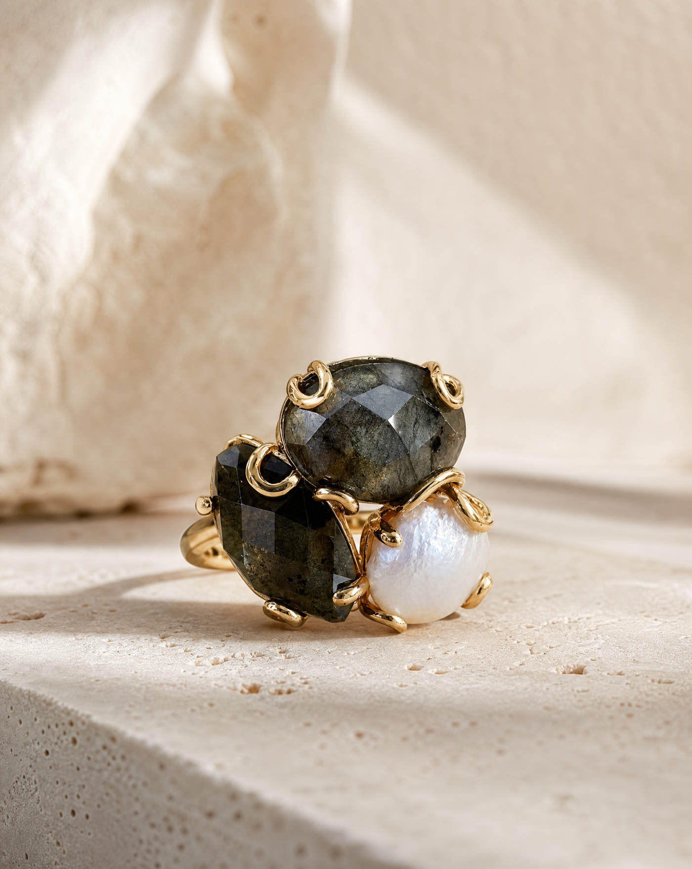 Multi-Stone Cluster Ring with Freshwater Pearl | Adjustable Open Band