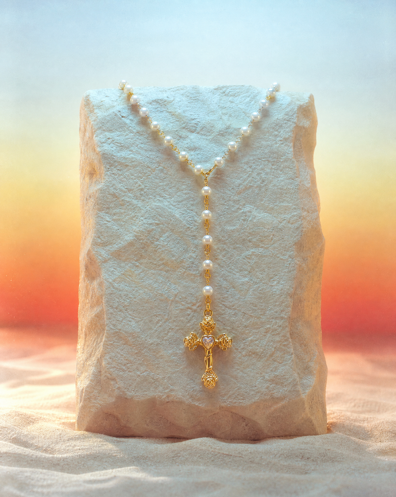 Sacred Cross Lariat — Pearls and Gold-Plated Brass