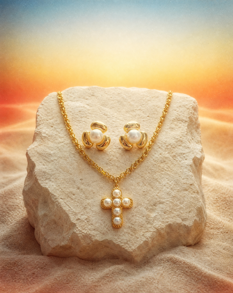 Pearl Cross Necklace & Flower Stud Earrings Set | Catholic Gift
