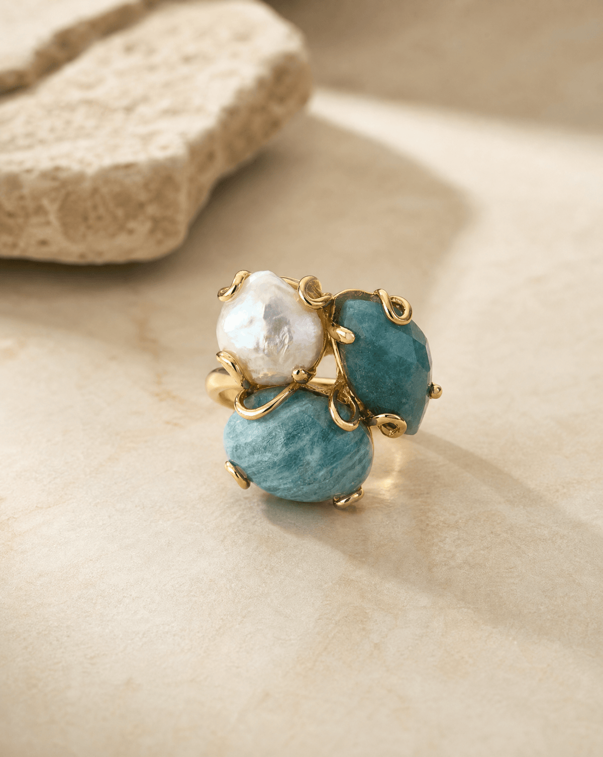 Multi-Stone Cluster Ring with Freshwater Pearl | Adjustable Open Band - Phoebe`s