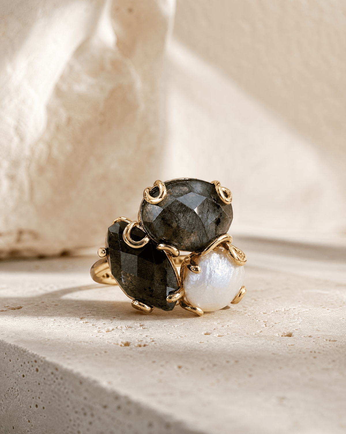 Multi-Stone Cluster Ring with Freshwater Pearl | Adjustable Open Band - Phoebe`s