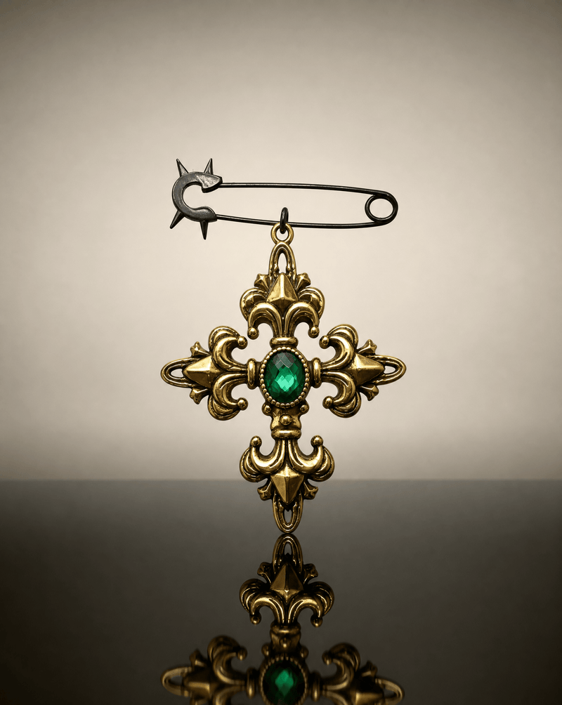 Ornate green crystal cross pin brooch – Phoebe's