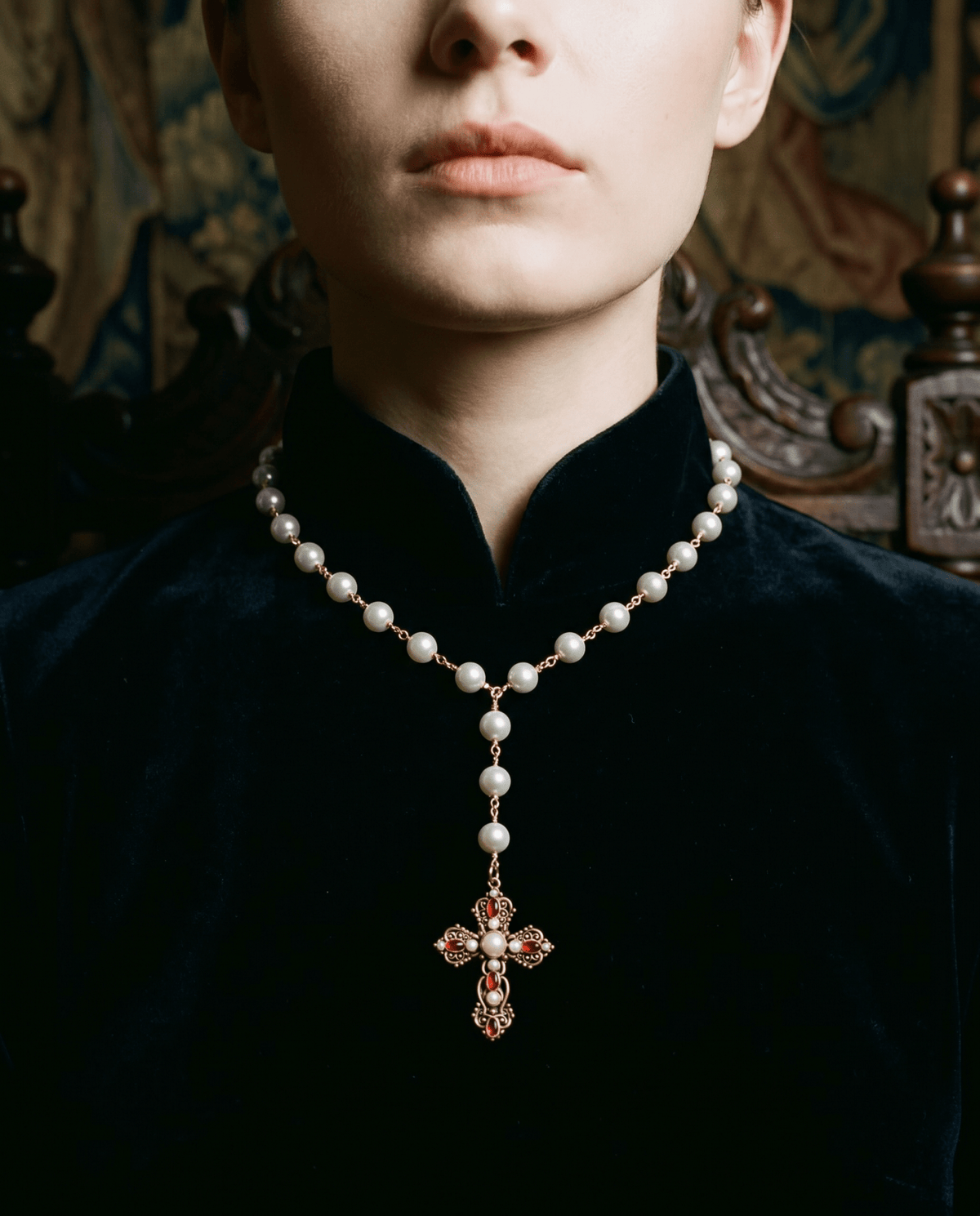 Red Cross Rosary with Baroque Cross, view 2 – Phoebe's