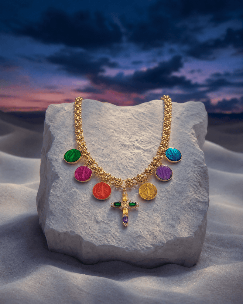 Multicolor St. Benedict medal charm necklace worn – Phoebe's