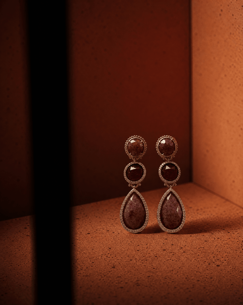 Strawberry quartz triple drop statement earrings – Phoebe's